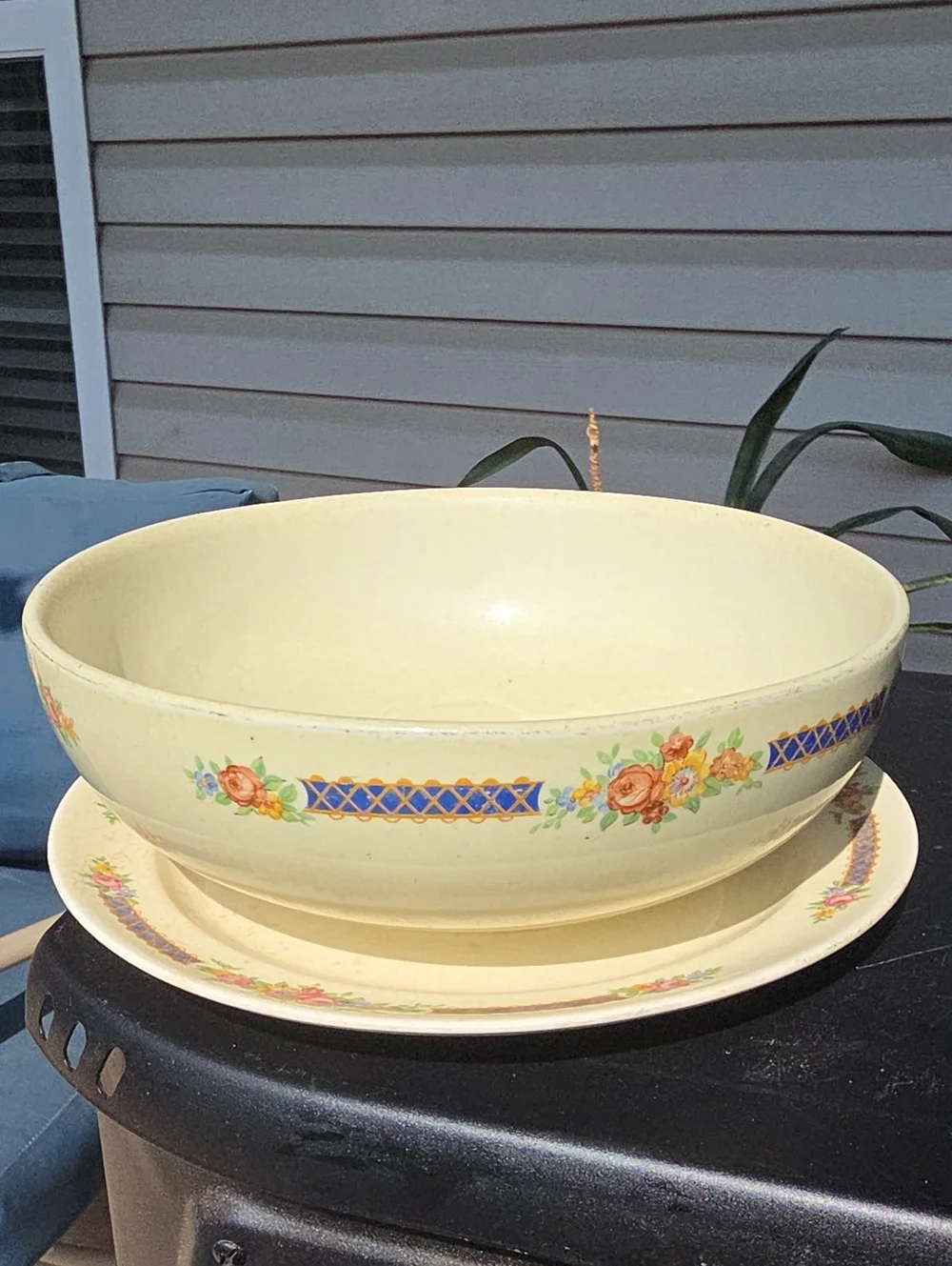 Cream Floral Ceramic Serving Bowl with Matching Plate 1940s -1960s